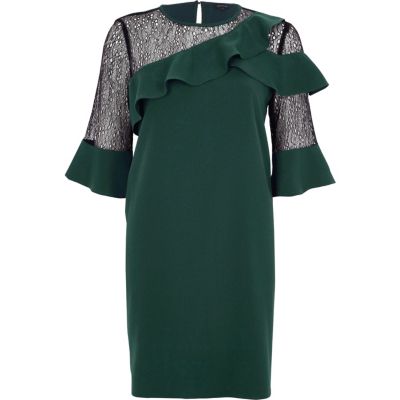 Robe trapèze vert foncé à dentelle et volant