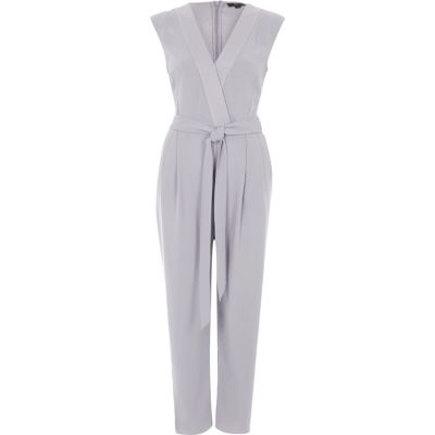 Light grey tie waist tailored jumpsuit