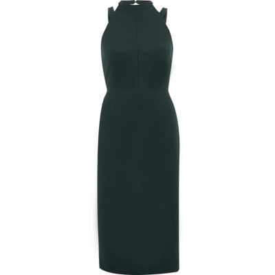 Robe mi-longue moulante vert foncé avec nœud dans le dos