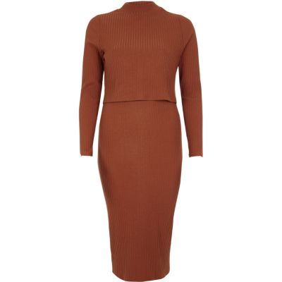 River Island Orange rib double layer bodycon midi dress