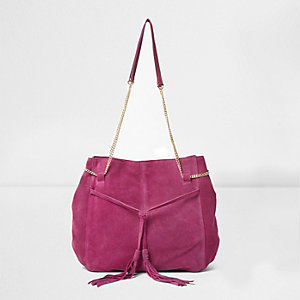 Pink suede tassel front slouch chain bag