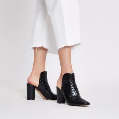 Black croc block heel mules