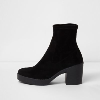 Black chunky block heel sock boots