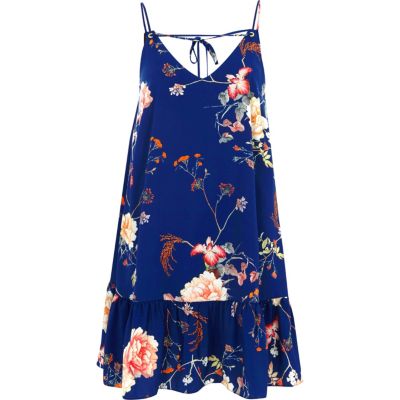 Robe caraco bleu fleuri à ourlet à volants