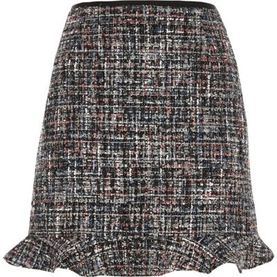 Dark grey boucle frill hem mini skirt