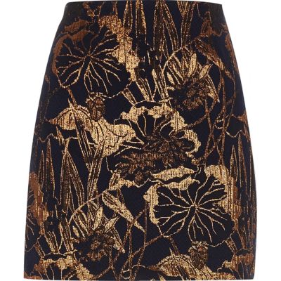Navy floral metallic jacquard mini skirt