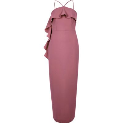 River Island Donkerroze bodyconjurk met ruches en gekruiste bandjes in de nek