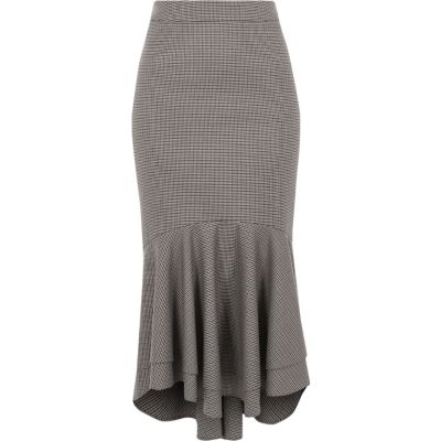 Brown check tiered fishtail pencil skirt