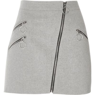 Grey ring pull zip pocket A line mini skirt
