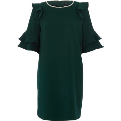 Green frill faux pearl neck swing dress