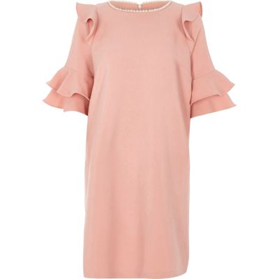 Pink frill faux pearl neck swing dress