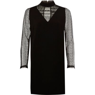 Black lace long sleeve high neck swing dress