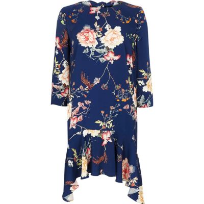Blue floral curved frill hem swing dress