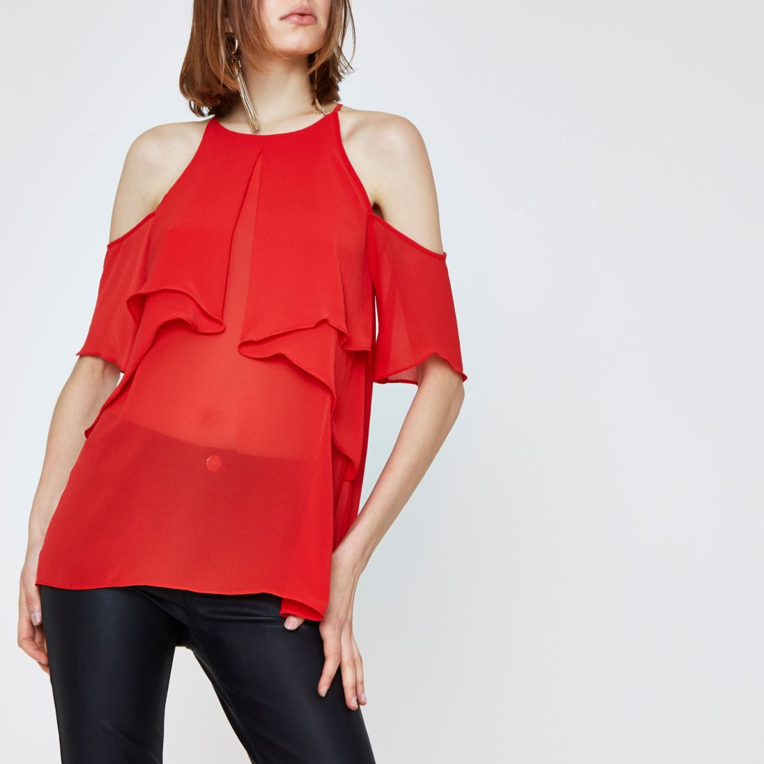 Red frill halter neck cold shoulder blouse