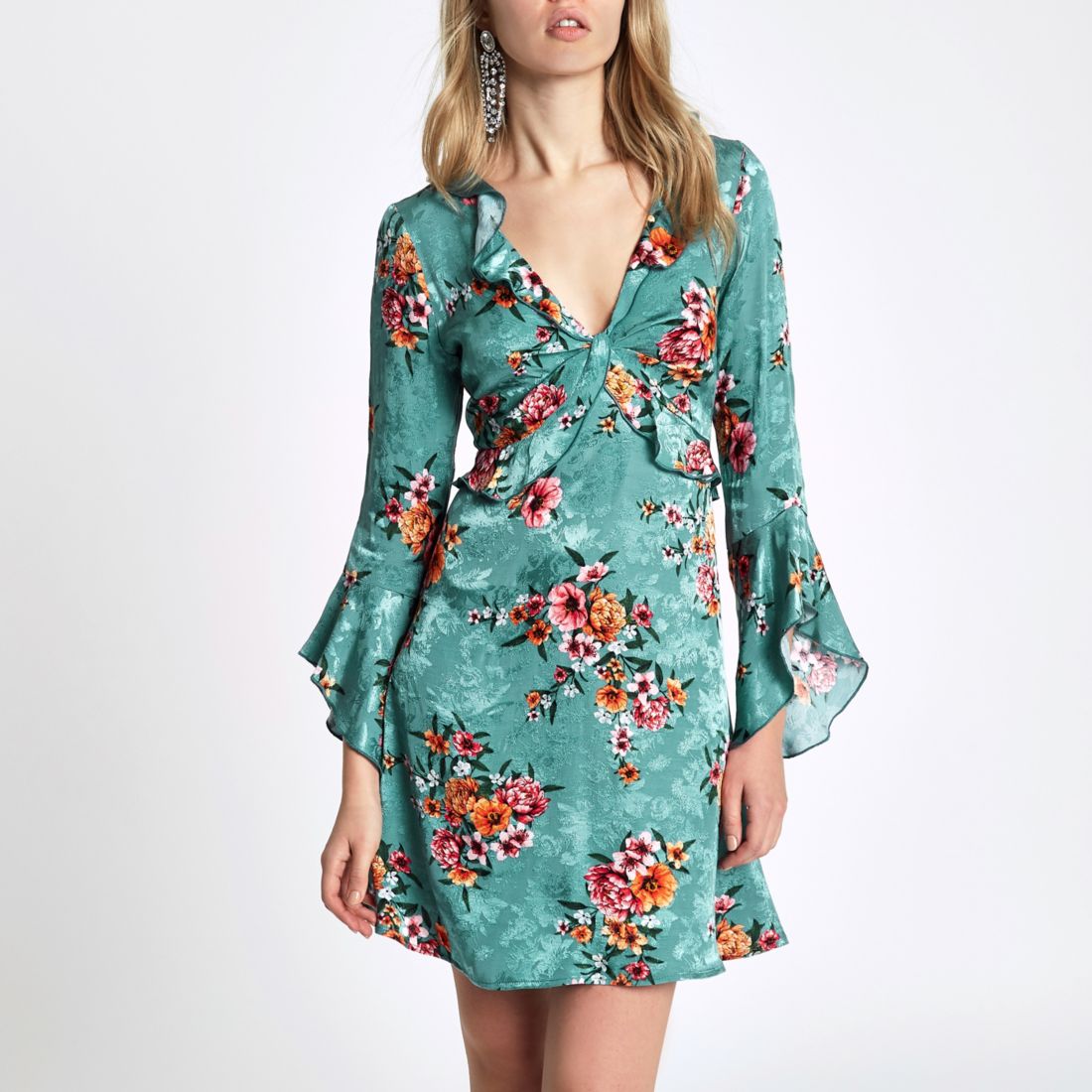 Blue floral frill front cut out back dress