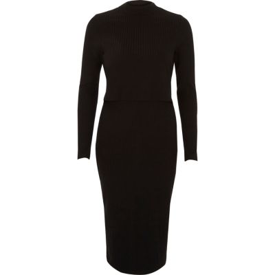 Black ribbed layered cut out back midi dress