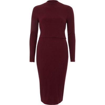 River Island Donkerrode geribbelde bodycon midi-jurk met dubbele laag