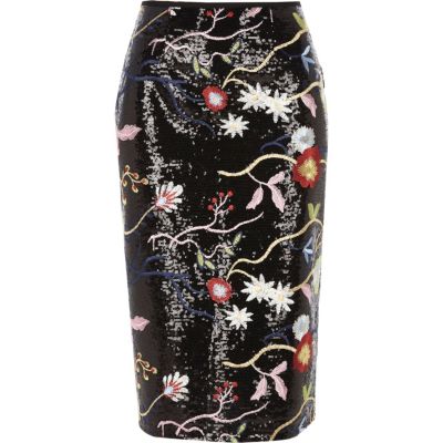 Black sequin floral embroidered pencil skirt