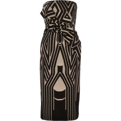 Black knot front geo bandeau bodycon dress