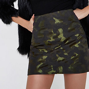 Green camo jacquard mini skirt