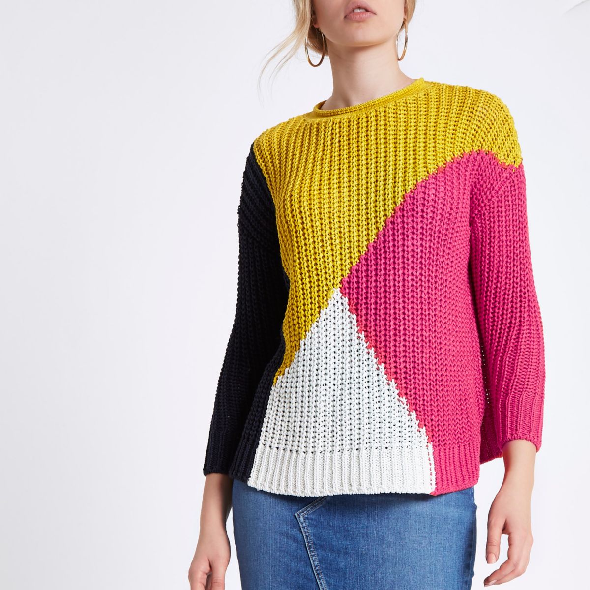 Yellow chunky knit colour block jumper Jumpers Knitwear women