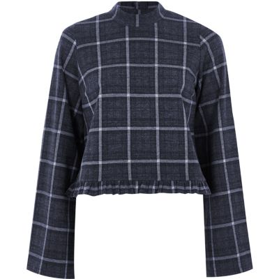 Navy check frill hem high neck top