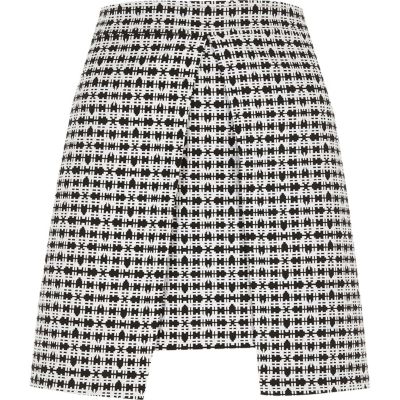 White and black check split front mini skirt