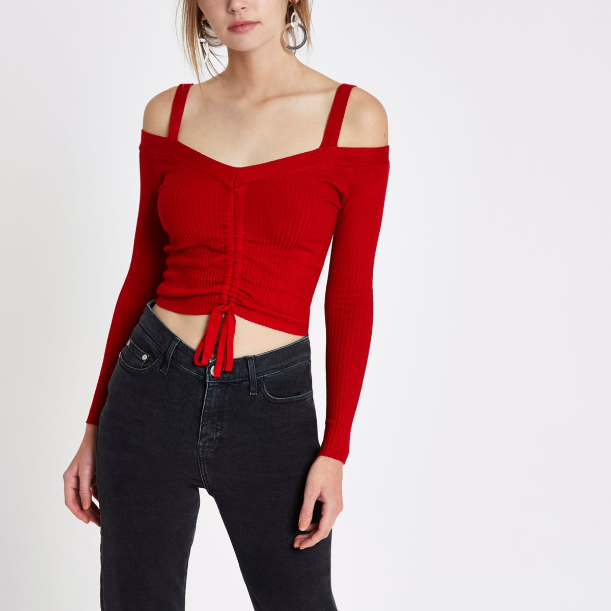 Red ruched front fitted bardot knit top