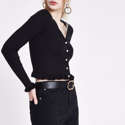 Buttoned Frill Hem Cropped Knit Top