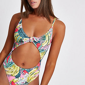 Pink tropical knot front cut out swimsuit