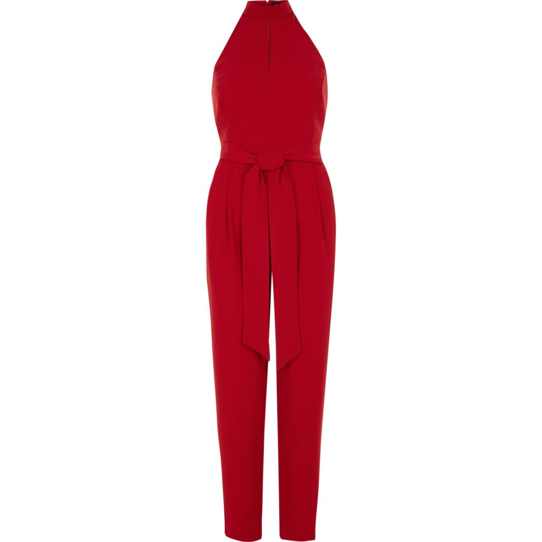 Red halter neck tie belt jumpsuit
