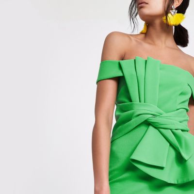 Green bardot tie front bodycon dress