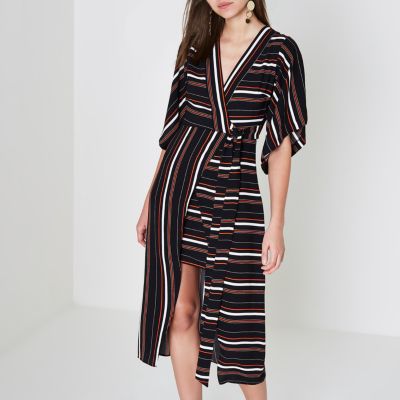 Black stripe kimono wrap midi dress