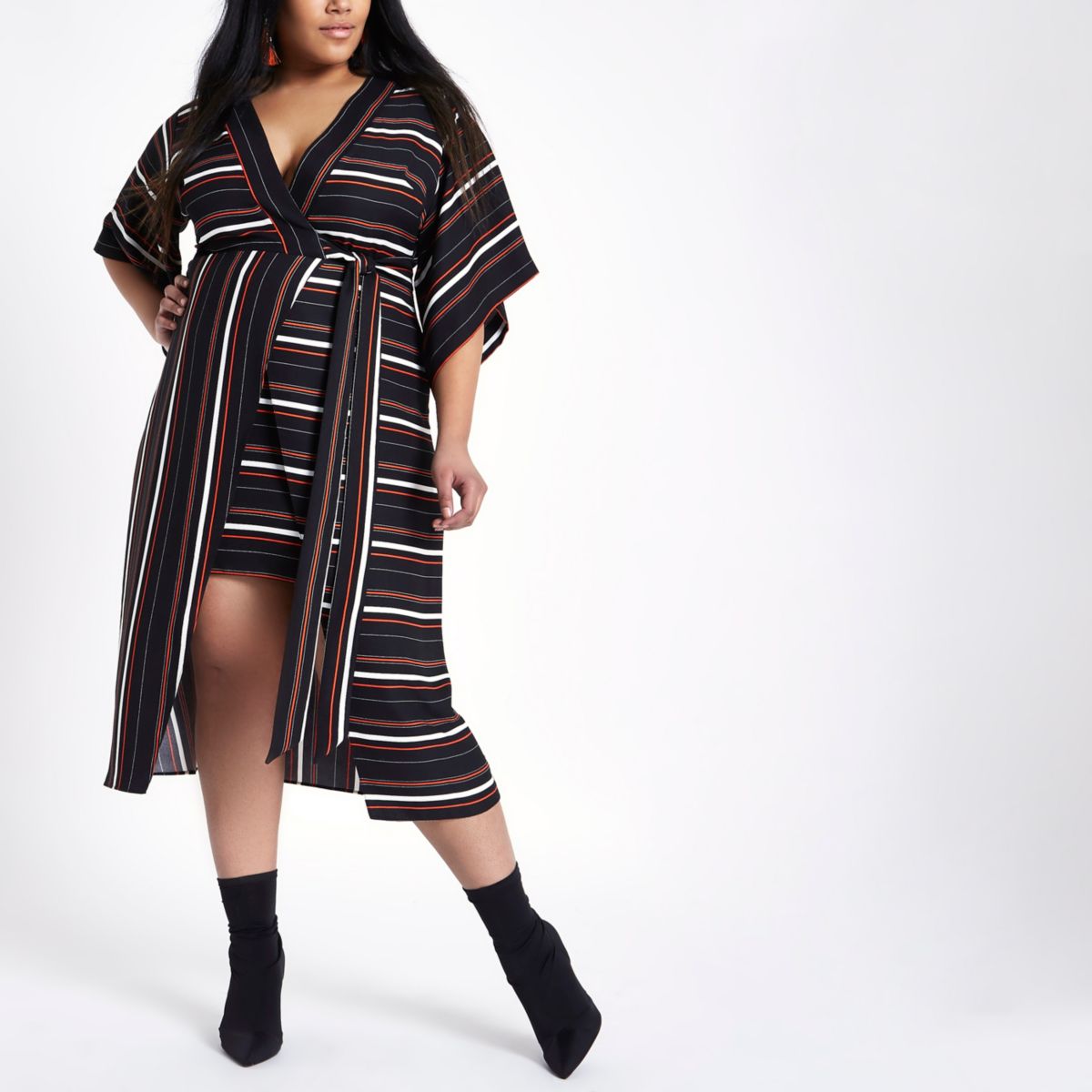 Plus Robe milongue kimono rayée noire Robes trapèze Robes Femme