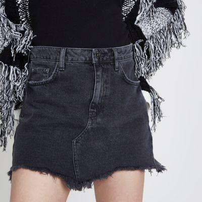 Black frayed hem denim mini skirt
