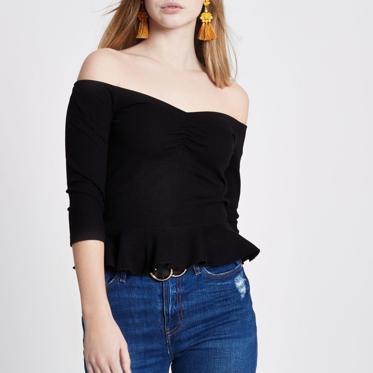 Black rib bardot peplum top Tops Sale women