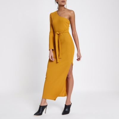 Mustard yellow rib one shoulder maxi dress