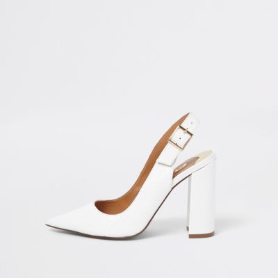White croc block heel sling back court shoes