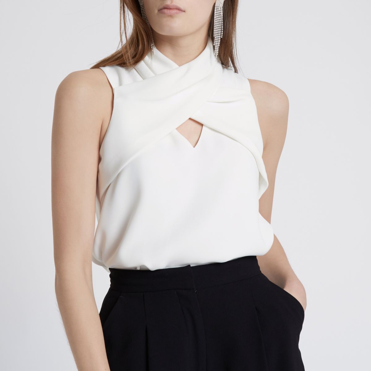  White wrap neck sleeveless top Blouses Tops women