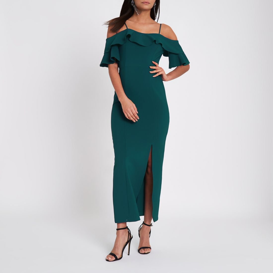 Dark green frill bardot maxi bodycon dress