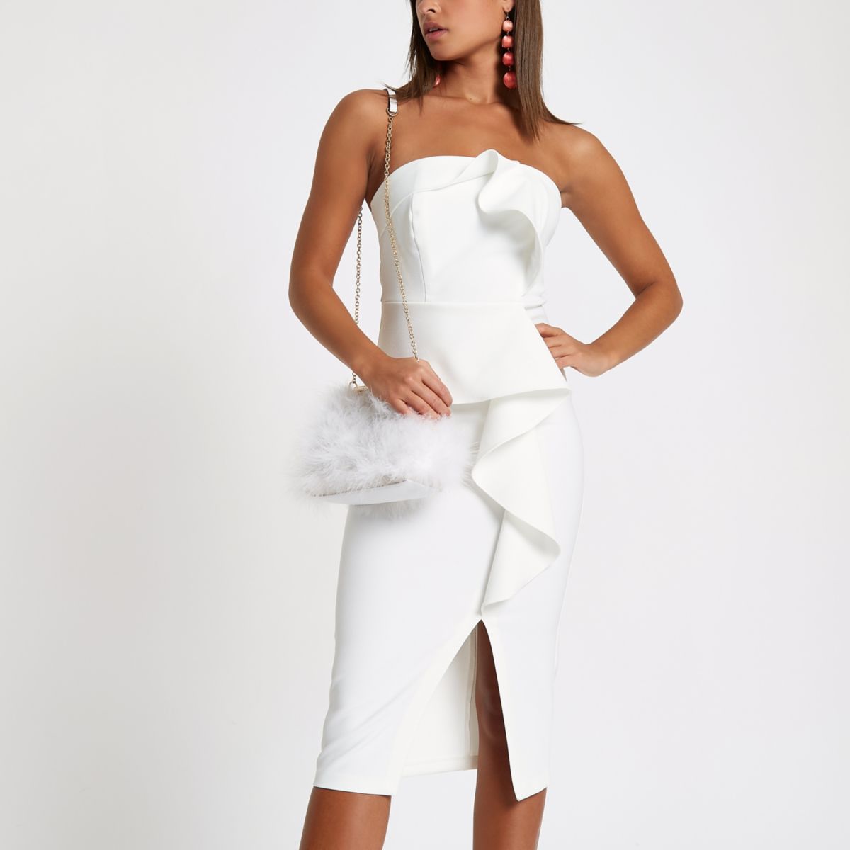 Bodycon dress white island river frill side blue summer