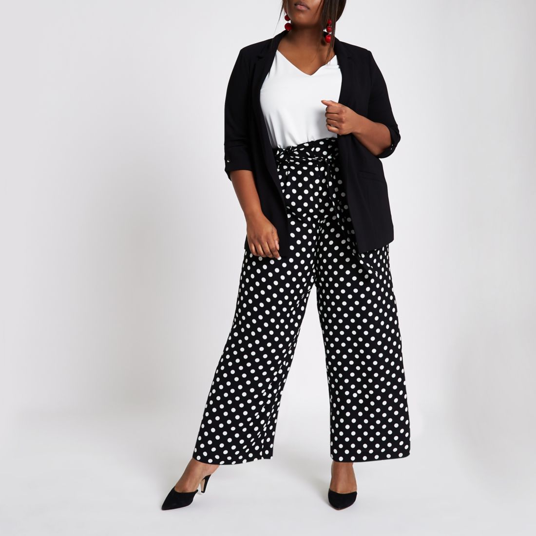 Plus black polka dot belted wide leg trousers