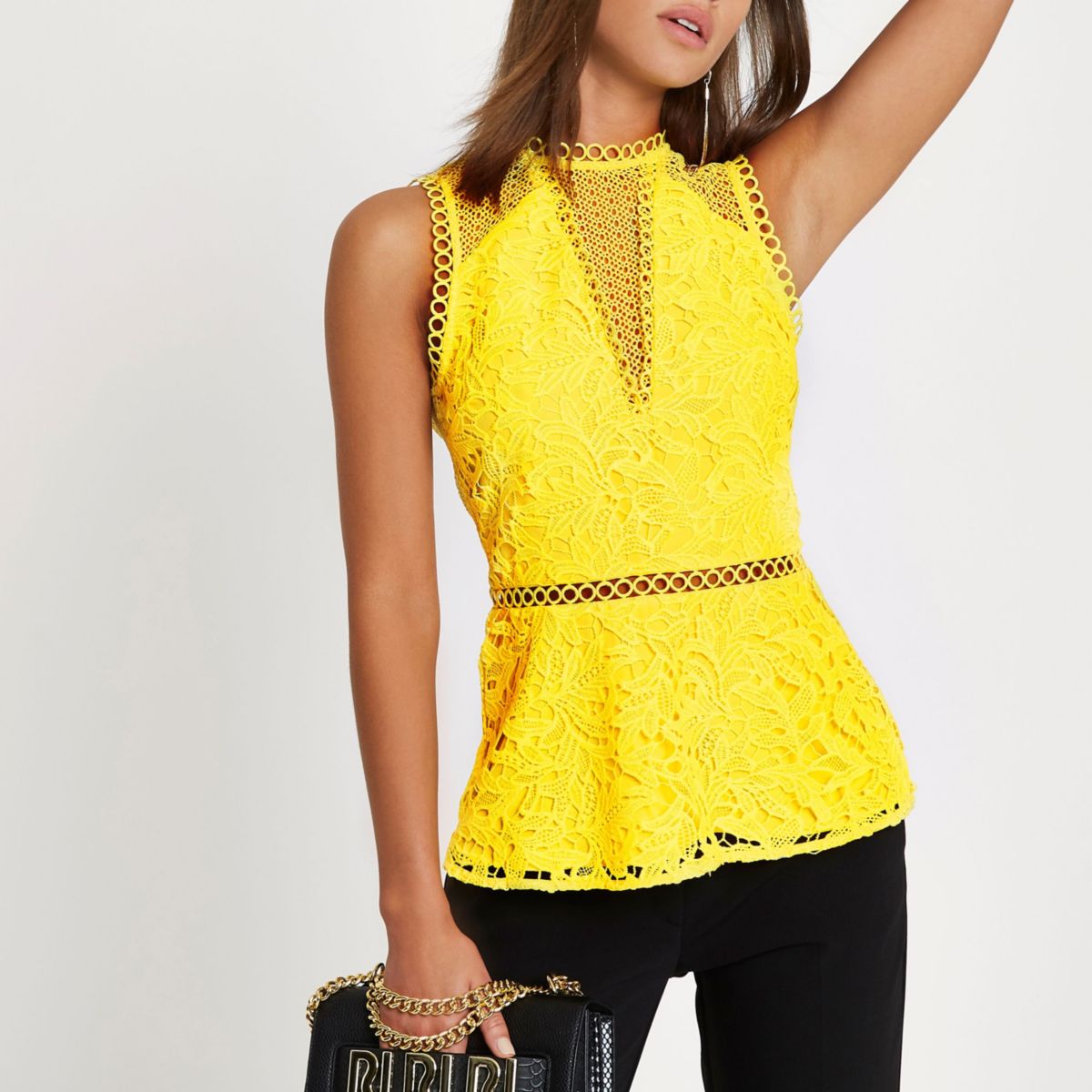 Yellow lace sleeveless peplum top - Blouses - Tops - women