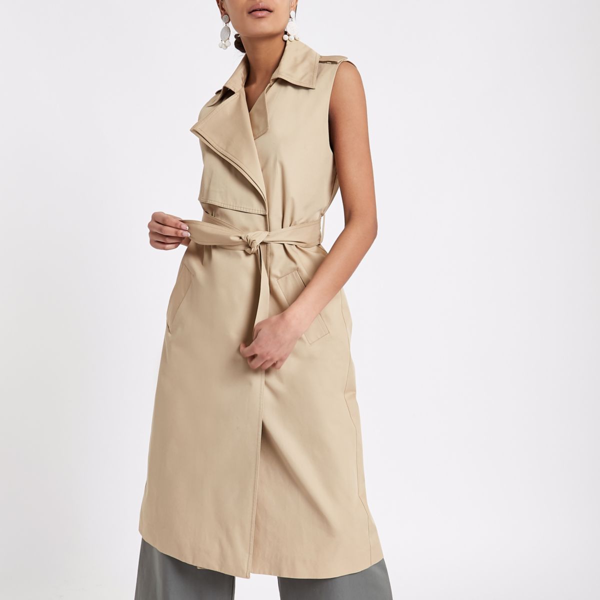 Beige sleeveless  belted  trench coat Coats Jackets 