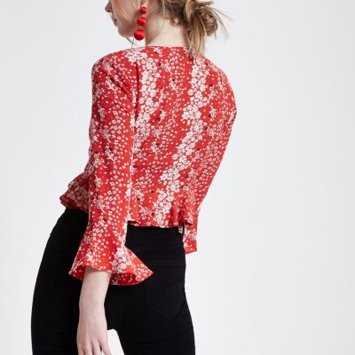 Red floral frill hem bell sleeve crop top