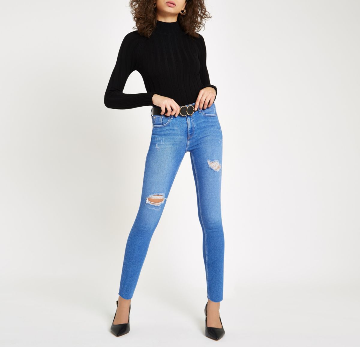 Super skinny blue ripped jeans womens