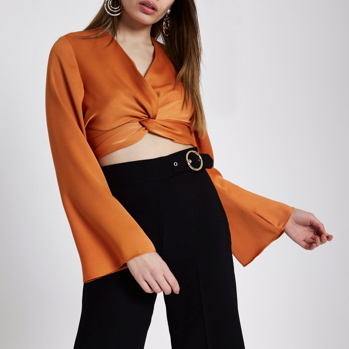 Orange long  sleeve  twist front crop top Tops  Sale women