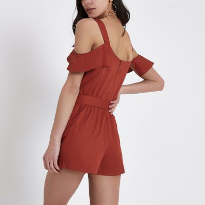 Rust bardot button playsuit