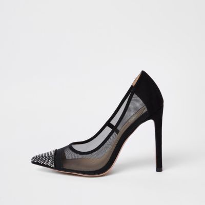 Black mesh diamante court shoe
