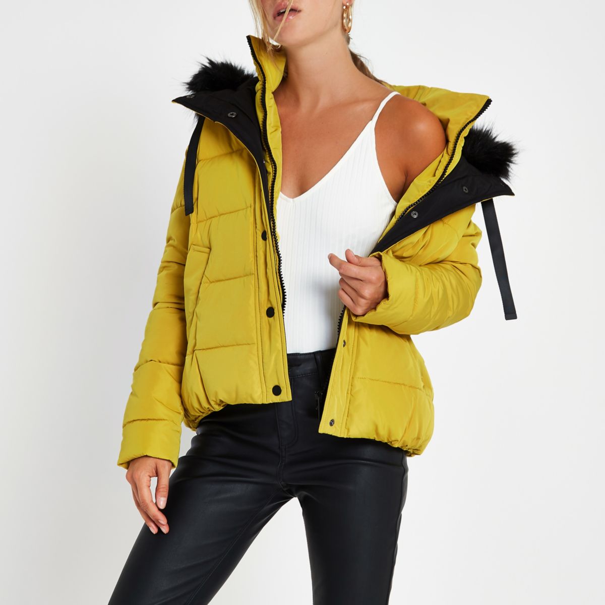 Yellow faux fur hood puffer jacket